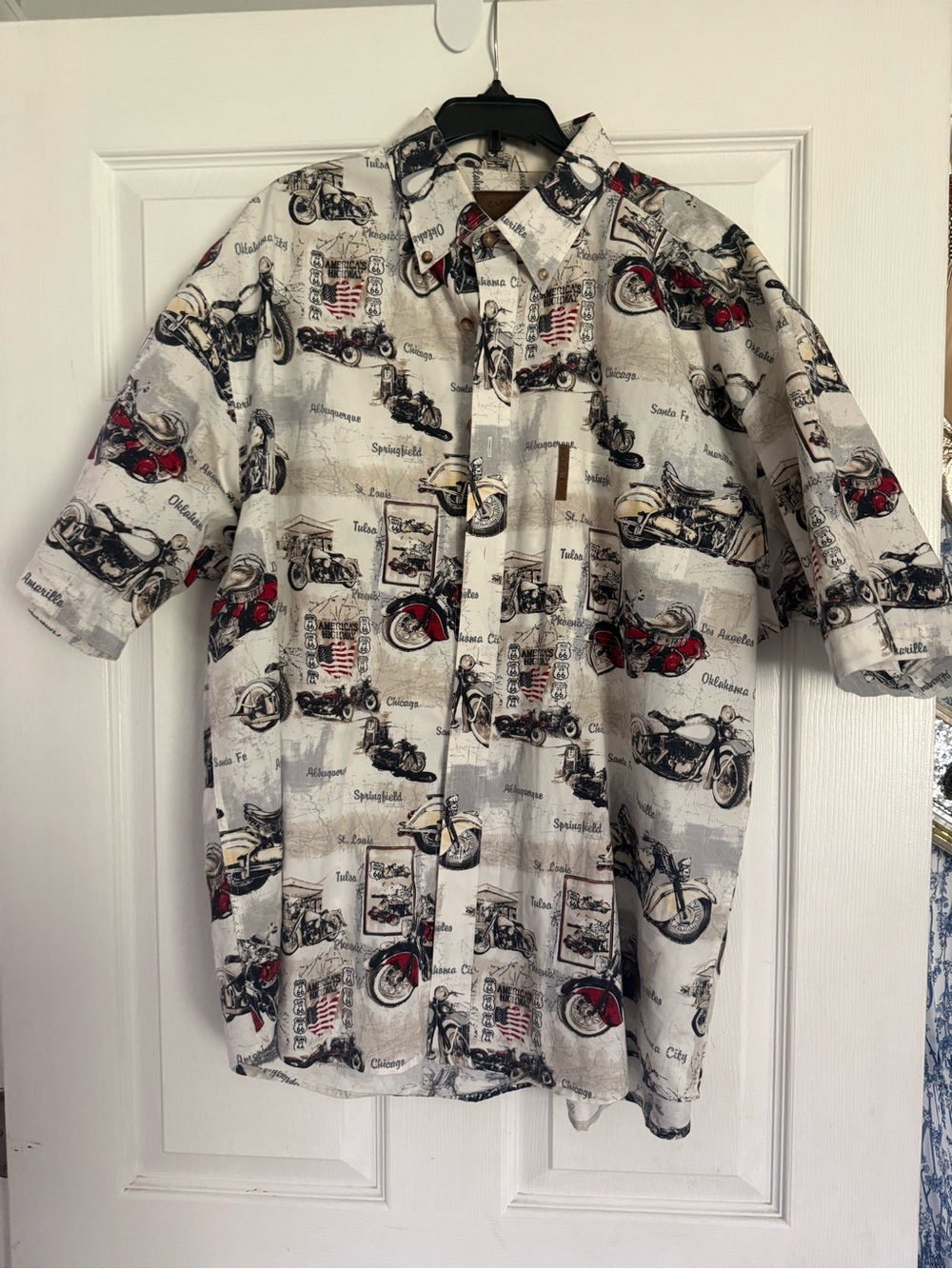Casual Motorcycle Print Button-Down Shirt - White with Red & Black Accents